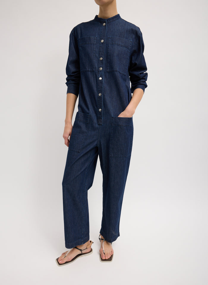 Dark Wash Summer Denim Jumpsuit - long sleeved, button up, front view on model