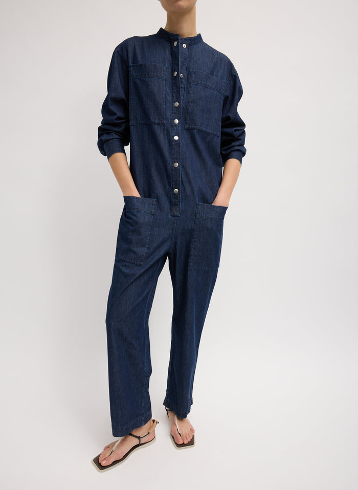 Dark Wash Summer Denim Jumpsuit - long sleeved, button up, front view on model