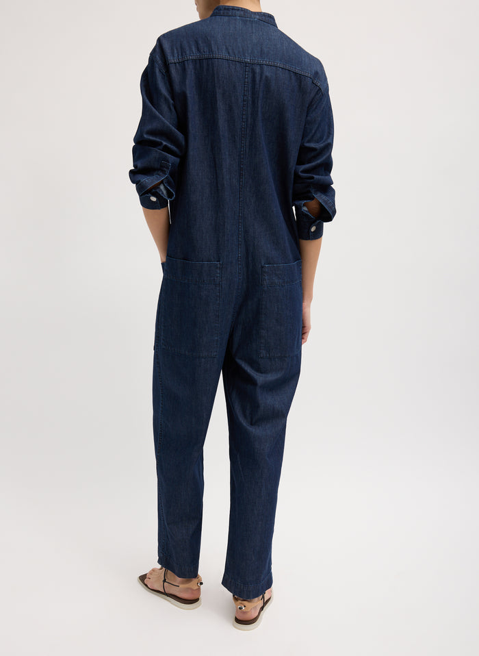 Dark Wash Summer Denim Jumpsuit - long sleeved, button up, back view on model