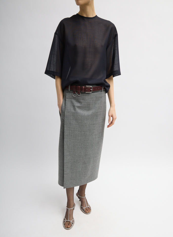 Grey Techy Bonded Wool Wrap Midi Skirt - belted, front view on model