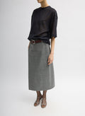 Grey Techy Bonded Wool Wrap Midi Skirt - belted, side view on model