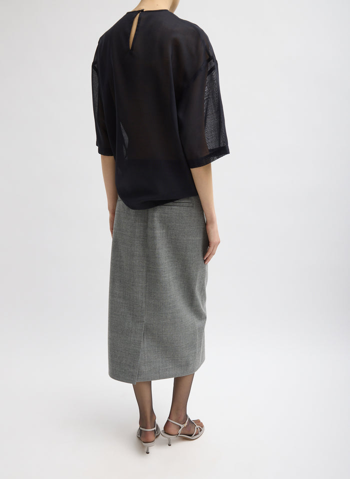 Grey Techy Bonded Wool Wrap Midi Skirt - full look back view on model