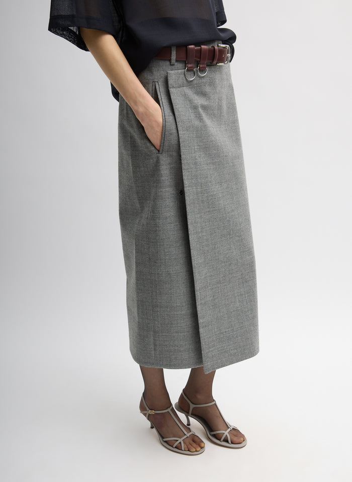 Grey Techy Bonded Wool Wrap Midi Skirt - belted, side view on model