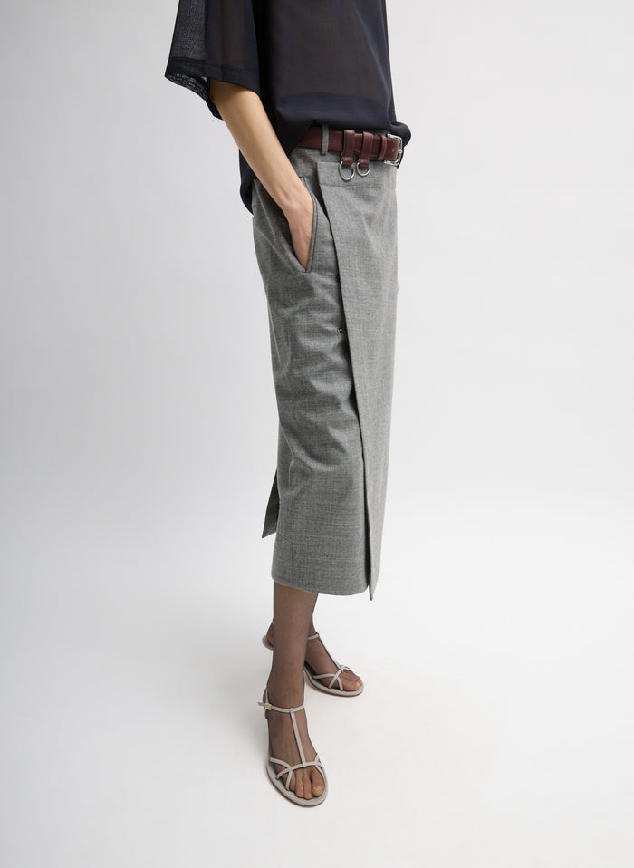 Grey Techy Bonded Wool Wrap Midi Skirt - belted, side view on model