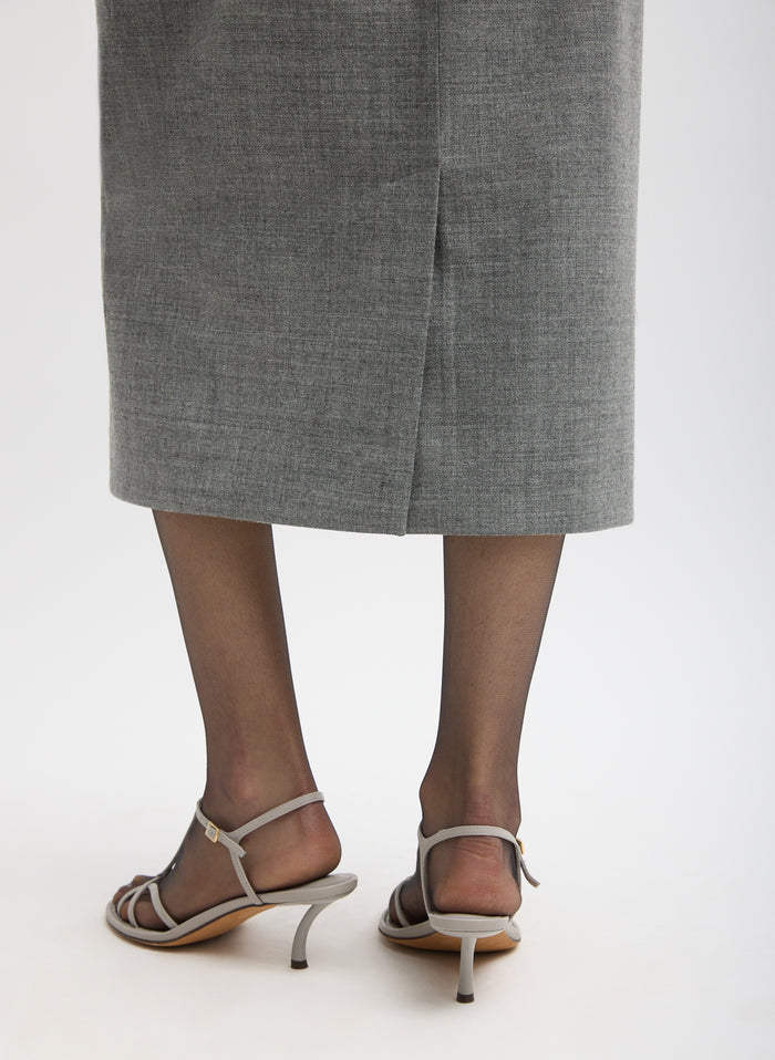 Grey Techy Bonded Wool Wrap Midi Skirt - closeup of back vent detail