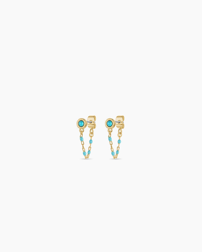 Turquoise Capri Chain Huggies || option::18K Gold Plated