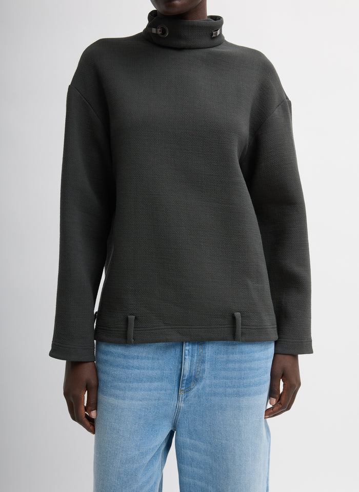 Dark Grey Wool Crepe Fontaine Tunic Top - funnel neck, front view on model