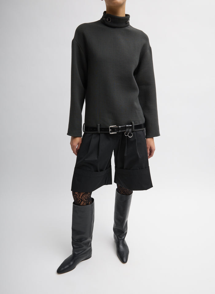 Dark Grey Wool Crepe Fontaine Tunic Top - belted, full look on model