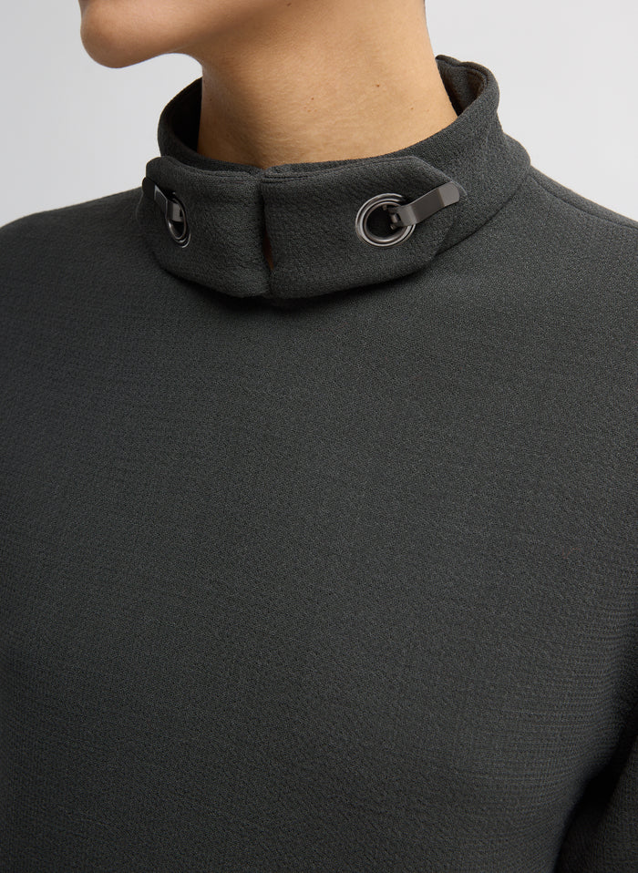 Dark Grey Wool Crepe Fontaine Tunic Top - closeup on metal clasps at neckline