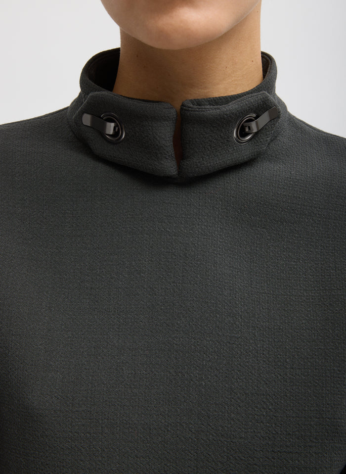 Dark Grey Wool Crepe Fontaine Tunic Top - closeup of metal clasps at  neckline