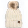 YJ-820 SHERPA LINED BEANIE W/FAUX FUR POM - IVORY